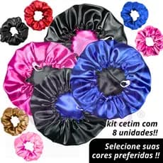 Kit cetim 8 unidades - 4 Toucas de Cetim Dupla Face com Regulador + 4 brindes (xuxinhas/scrunchies)