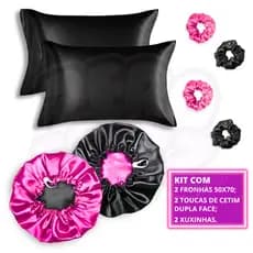 Kit Cetim Antifrizz 2 toucas dupla face regulável + 2 fronhas + 2 xuxinhas scrunchies
