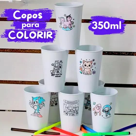 Kit Copos 350 ml Para Colorir Interativo Infantil Lembrancinha Festa Diversos Desenhos