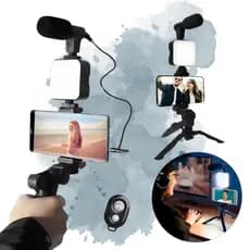 Kit de Filmagem e Video Maker Fotografia Luz Tripé + Iluminador + Microfone + Controle Bluetooth