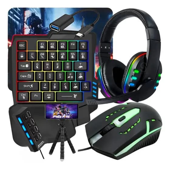 Kit Gamer Mobilador Celular Teclado Mouse Tripé Usb Rgb Otg Compatível com Freefire Jogos