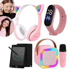 Kit Fone de ouvido Cat Gatinho Infantil + Caixa De Som Karaokê 1 Microfone + Relogio + Lousa Magica