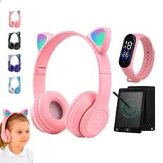 Kit Fone Ouvido Bluetooth Sem Fio Gatinho Cat + relógio Led  + lousa Lousinha Magica Desenhar Lcd