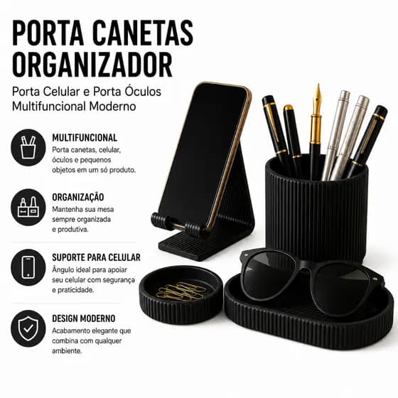 Porta Canetas Organizador de Mesa Escritório Porta Celular e Porta Óculos Multifuncional Moderno