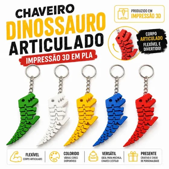 Chaveiro Esqueleto Dinossauro Rex Articulado - Impressão 3D - Diversas cores