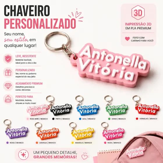 Chaveiro com nome personalizado em 3D para Mochilas