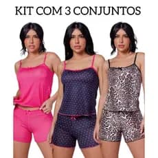 Kit 3 Conjuntos de Pijama Baby Doll Adulto Feminino em poliéster estampado