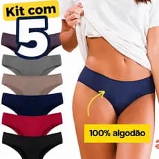 Kit com 5 Calcinhas Adulto Tanga Lisa Conforto em Algodão Cotton