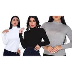Kit com 3 Blusas Femininas Cacharrel Segunda Pele Gola Alta
