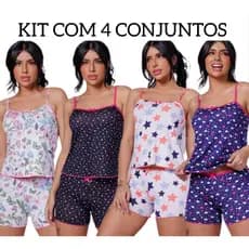 Kit com 4 Conjuntos Pijama de Baby Doll Feminino Adulto em poliéster
