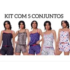Kit 5 conjuntos de Pijama Baby Doll Adulto Feminino em microfibra estampada