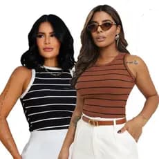 Kit 2 Blusinha Regata Listrada Camiseta Basica Ribana Sem Manga Moda blogueira Tendencia