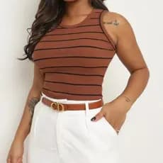 Regata Feminina Blusa Listrada Americana Canelado / Ribana grosso Tendência Verão
