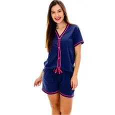 Baby Doll Blogueira Curto Pijama Feminino Americano Botões Aberto Short Adulto