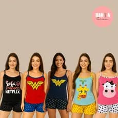 Pijama Feminino Curto Baby Doll Vaca Verão Personagens Alcinha Virginia Noite Promoção