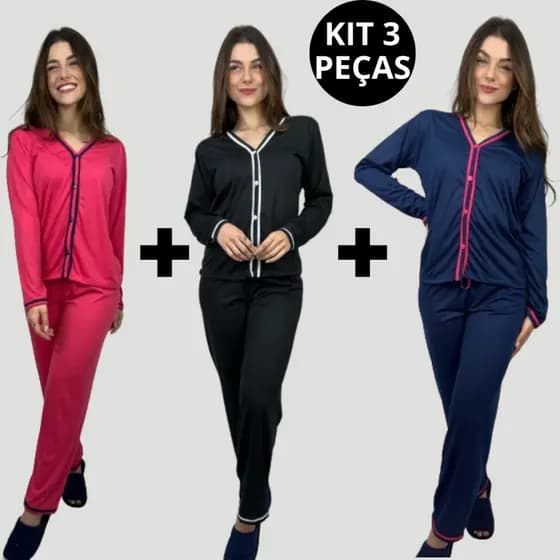 Kit 3 Pijamas Longos Femininos Blogueirinha Amamentação com Botões | Pós-Cirurgia, Maternidade