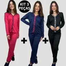 Kit 3 Peças Pijama Longo Inverno Blogueira Malha Botão Amamentação Cirurgico
