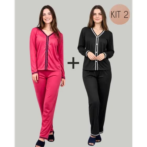 Kit 2 Peças Pijama Longo Inverno Blogueira Malha Botão Amamentação Cirúrgico