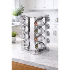 Porta Temperos Quadrado Giratório Inox com 16 Potes de Vidro + Adesivos para Etiquetar os Potes e Canetinha