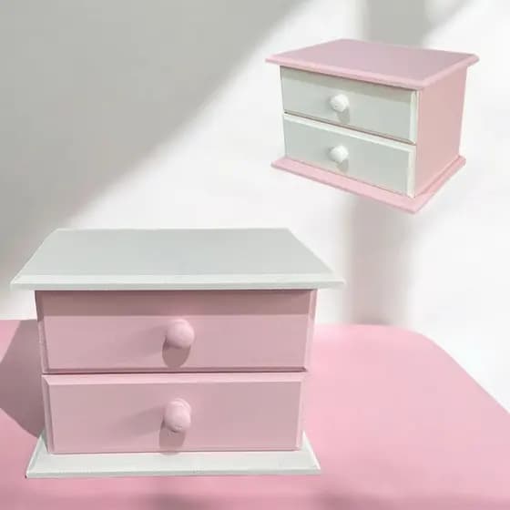 Mini Cômoda Organizador de Joias 2 Gavetas Mdf Rosa e Branco Porta Acessórios e Maquiagem