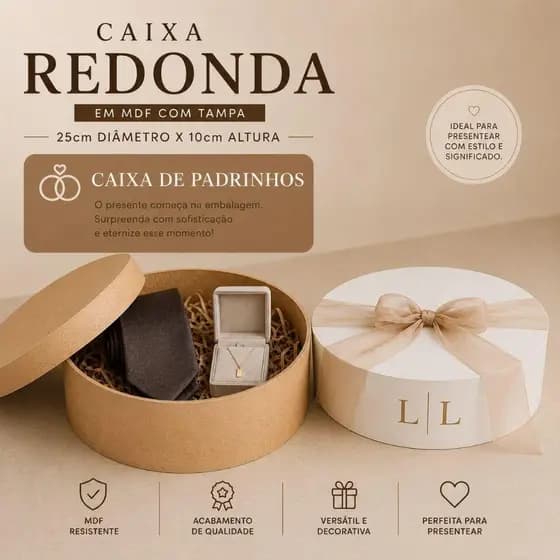 Kit Caixa Redonda 25x10 MDF Com Tampa Caixa De Padrinhos Casamento Lembrancinha Batizado Cesta Presente