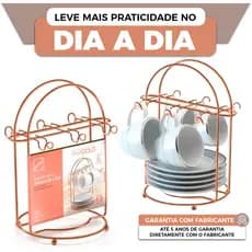 Porta Xícara Suporte Organizador Armário Cozinha Cromo Rose Preto 6 Xícaras Aço Arthi
