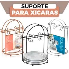 Suporte Porta Xícara Organizador Cozinha Armario até 6 Xícaras Aço Cromado Rose e Preto Arthi