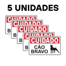 Kit 5 Placas de Sinalização Cuidado Cão Bravo Para Casa Fachada Externa Interna 15x25cm