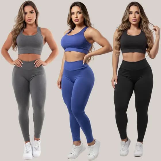 3 Conjuntos Calça Legging E Top  Roupas Femininas Fitness Academia Suplex A01