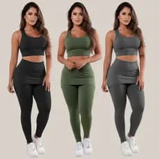 3 Conjunto Calça Legging Saia Tapa Bumbum  Top Roupas Femininas De Academia A15