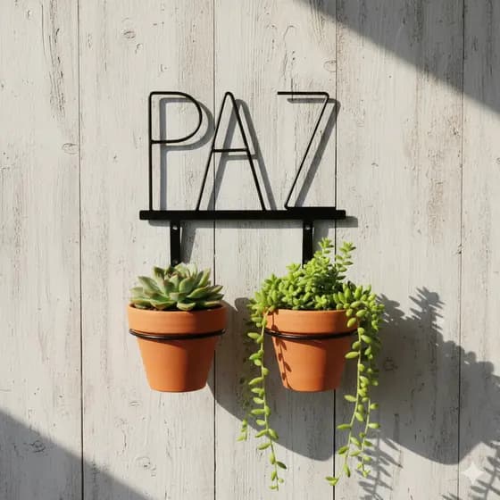 Suporte p vasos c a palavra Paz em Ferro Plantas Flores Decoração de Jardim  fixação na parede
