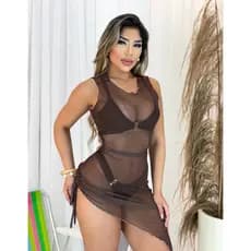 Saída de Praia Vestido Transparente Marrom em Tule com Elastano – Ref. 2383