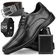 Sapato Social Masculino Moderno De Couro Legitimo Confort Costurado Macio Leve Antistress + Cinto Carteira e Relogio