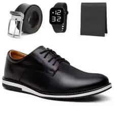 Kit Sapato Oxford Masculino Social Elegante Estiloso Leve de Couro Nobre Macio Com Confortável + Relogio Cinto Carteira