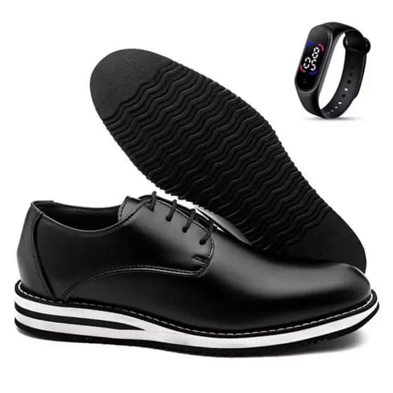 Kit Sapato Masculino Oxford Derby Elegante Ingles de Couro Leve Ortopedico Moderno + Relogio