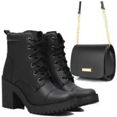 Bota Coturno Feminina Casual Confortável Macia De Salto Alto Blogueira Com Cano Medio Ajustável + Bolsa Transversal Top
