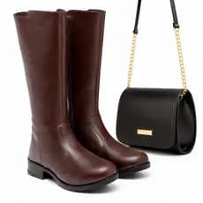 Bota Feminina Casual Cano Longo Over Panturrilha Ziper Ajustavel Confortável Macia Elegante Inverno Promocao + Bolsa