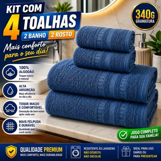 Kit Jogo de Toalhas 4 Peças Banho e Rosto 100% Algodão Seca rápido Macia Super Absorventes 130x70 Cm