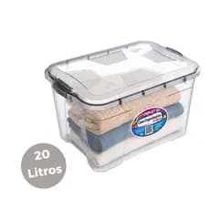 Caixa Organizadora 20 Litros Multiuso plástico transparente tampa Armazenamento Grande 42x27x28