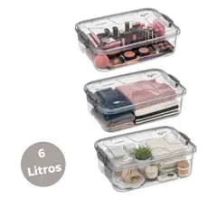 Kit 3 Caixas Organizadora 6 Litros Multiuso Tampa com Travas Transparente Plástico Armazenamento