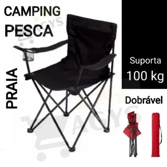 Cadeira de Pesca camping e Praia Dobrável Reforçada c/ Porta Copo e Sacola