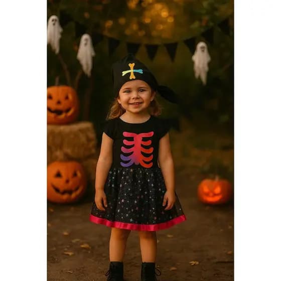 Fantasia Halloween infantil - VESTIDO ESQUELETO COM BANDANA