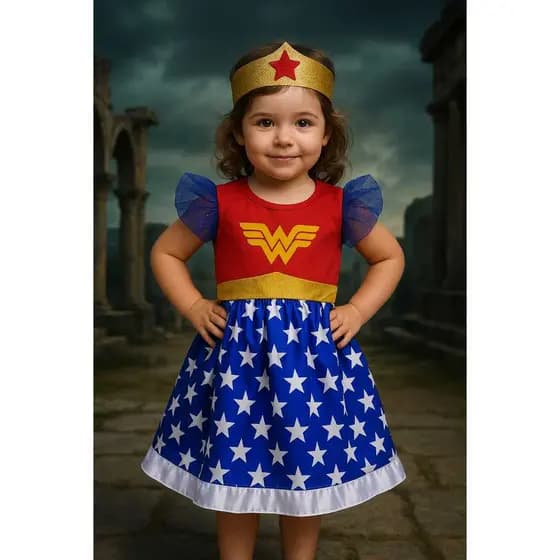 Fantasia Vestido Infantil com Faixa MULHER MARAVILHA - Tam 2 ao 8