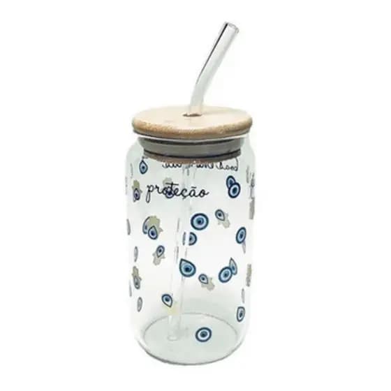Copo Latinha de Vidro com Tampa de Bambu e Canudo de Vidro Olho Grego 400ml P2 Home
