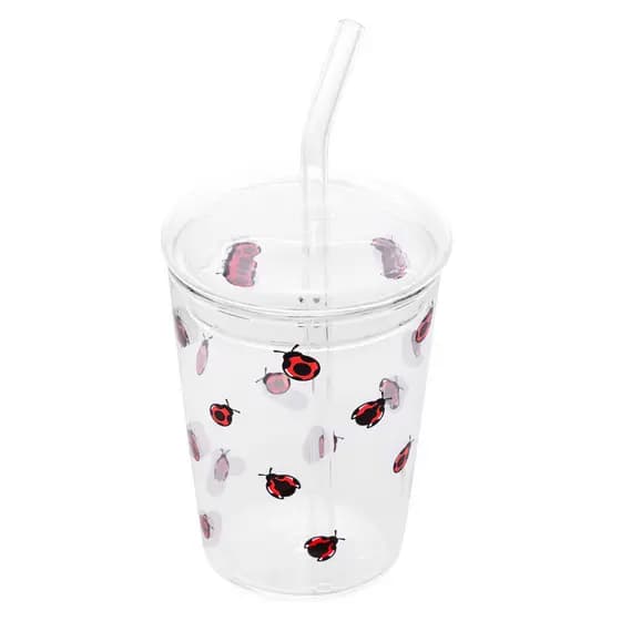 Copo de Vidro com Tampa e Canudo Ladybug 360ml Lyor