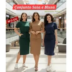 Conjunto Feminino Elegante Saia Midi e Blusa, Conjunto Evangelico Casual Saia Midi Fenda lateral