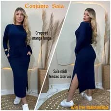 Conjunto feminino midi saia cropped manga longa, a saia tem fendas lateral a blusa e manga longa