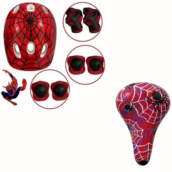 Kit Capacete Infantil C/ Proteçao Cotovelo Joelho + Selim Banco Criança Desenho Aranha
