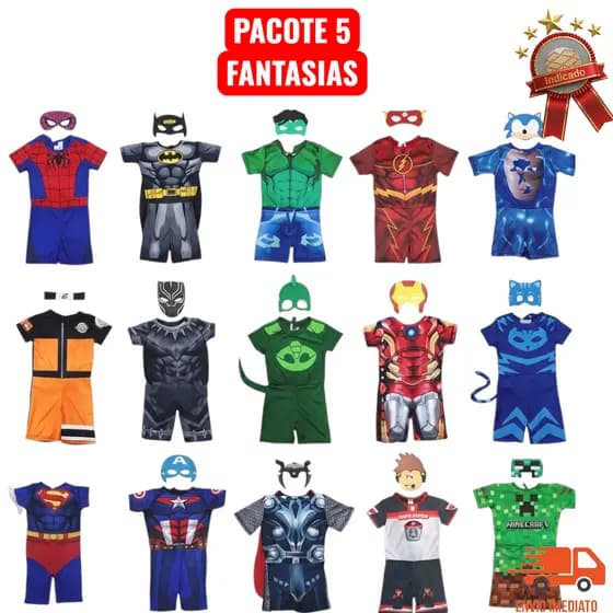 Pacote 5 Fantasias Infantis Menino + Máscaras Inclusas