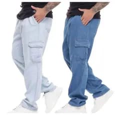 calça cargo  JEANS   larga bolsos lateral